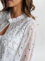 Gina Bacconi Silver Monica Beaded Jacket With Stand Frill Neck And Butterfly Sleeve - Image 3 of 5