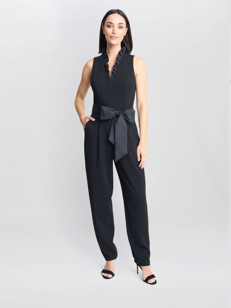 Gina Bacconi Priyanka Crepe Taffeta Combo Black Jumpsuit - Image 1 of 6