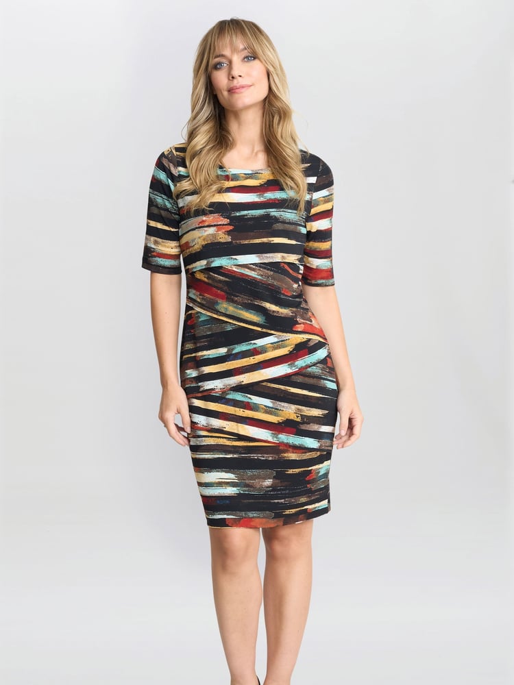 Gina Bacconi Rene Stripe Print Layered Black Dress - Image 1 of 3