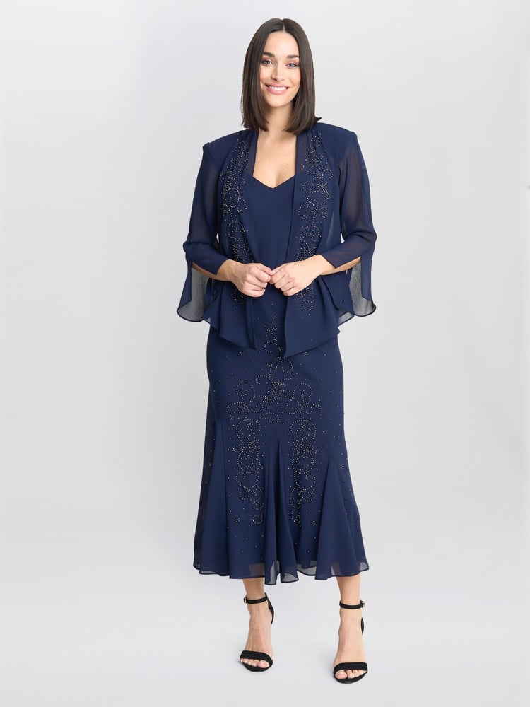 Gina Bacconi Blue Lorna Beaded Chiffon Dress And Jacket Set - Image 1 of 6