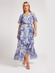 Yours Curve Blue London Scarf Print Wrap Ruffle Dress - Image 1 of 4