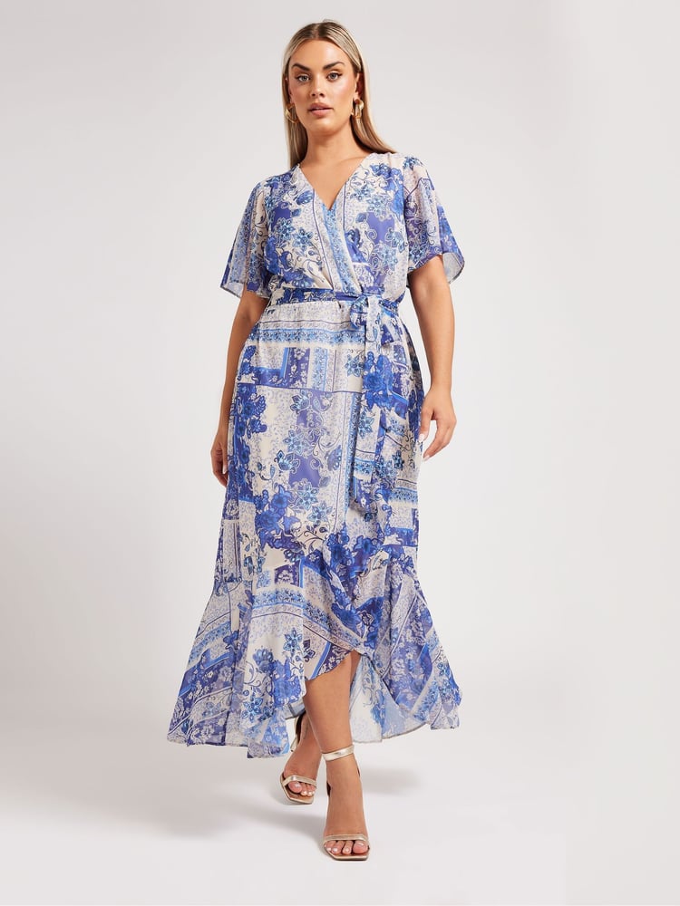 Yours Curve Blue London Scarf Print Wrap Ruffle Dress - Image 1 of 4