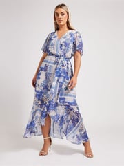 Yours Curve Blue London Scarf Print Wrap Ruffle Dress - Image 2 of 4