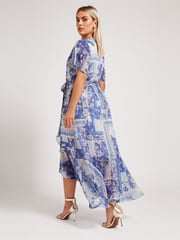 Yours Curve Blue London Scarf Print Wrap Ruffle Dress - Image 3 of 4