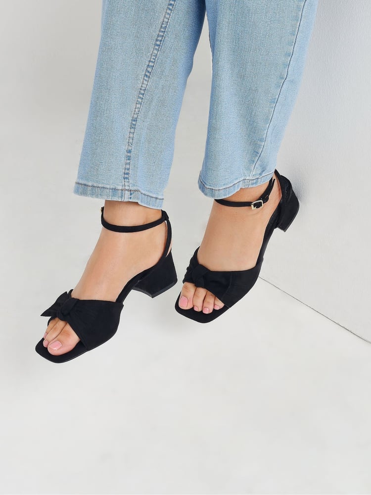 Yours Curve Black Wide Fit Wide Fit Mid Block Bow Sandals - Image 1 of 5
