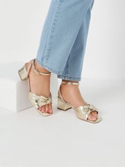 Yours Curve Gold Wide Fit Wide Fit Mid Block Bow Sandals - Image 1 of 5