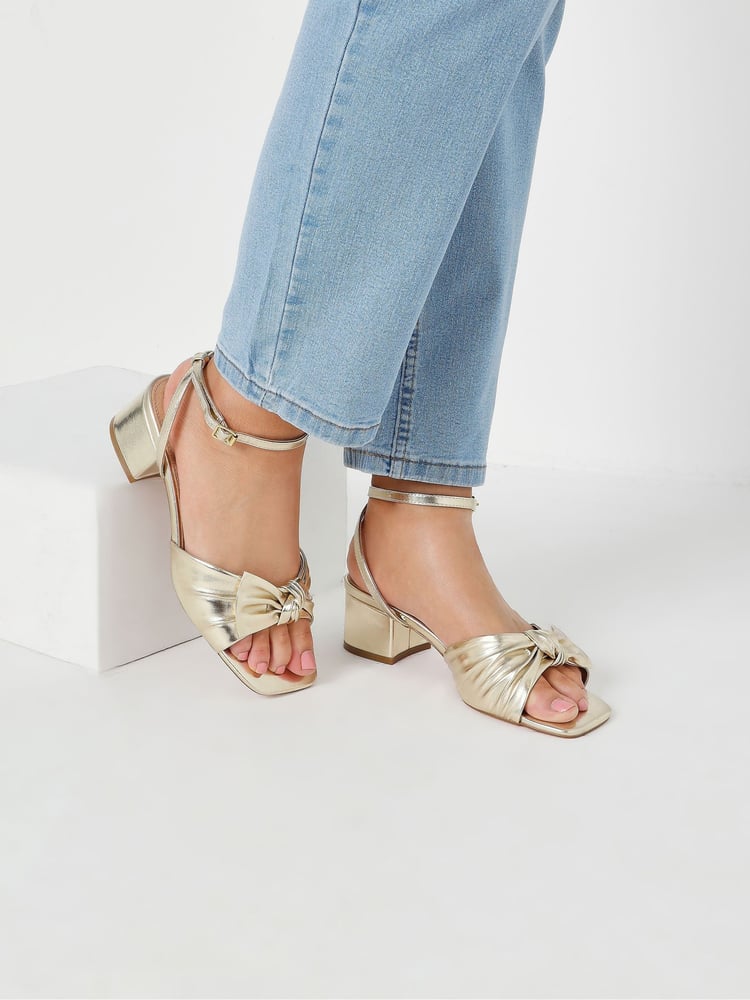 Yours Curve Gold Wide Fit Wide Fit Mid Block Bow Sandals - Image 1 of 5 Yours Curve Gold Wide Fit Wide Fit Mid Block Bow Sandals - Image 1 of 5