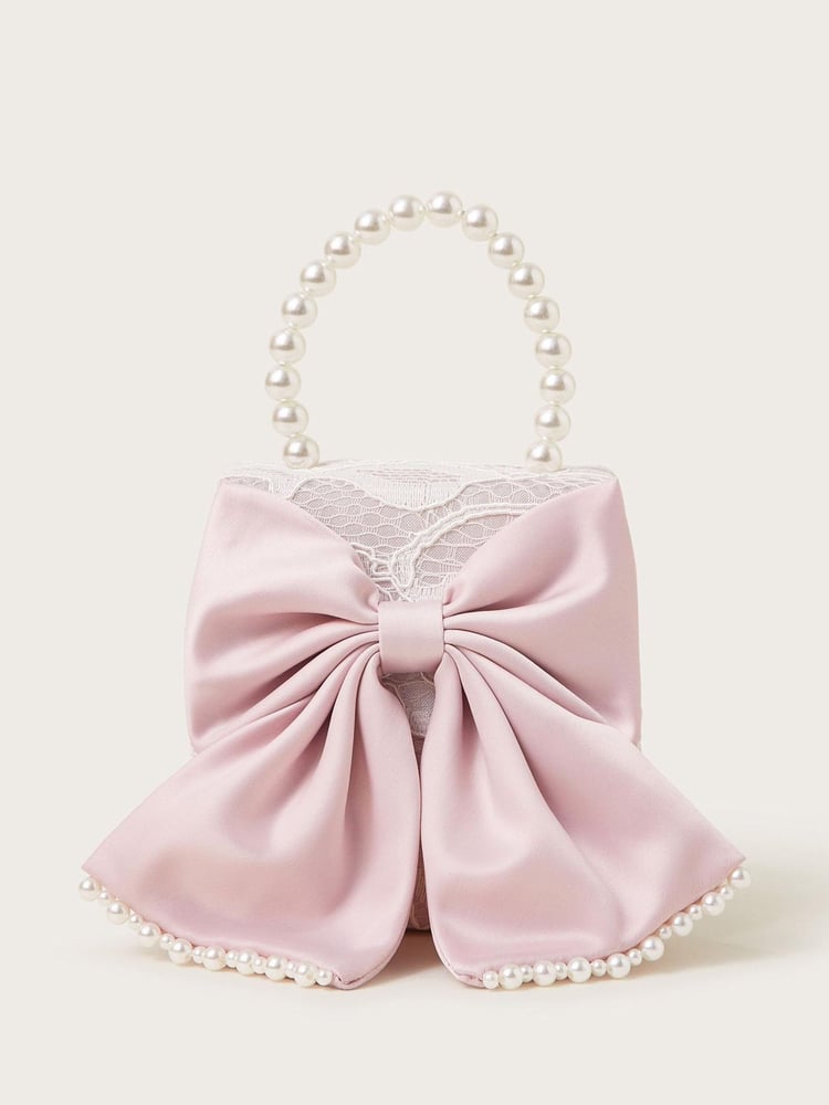 Monsoon Pink Pearly Bow Bridesmaid Lace Bag - Image 1 of 4