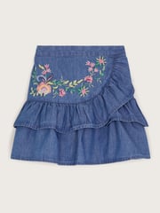 Monsoon Blue Chambray Embroidered Ruffle 100% Cotton Skirt - Image 1 of 3