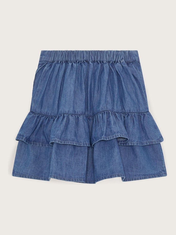 Monsoon Blue Chambray Embroidered Ruffle 100% Cotton Skirt - Image 2 of 3