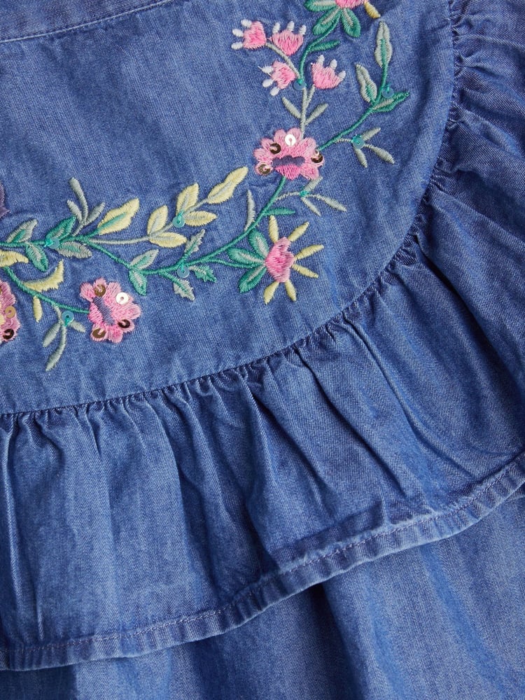 Monsoon Blue Chambray Embroidered Ruffle 100% Cotton Skirt - Image 3 of 3