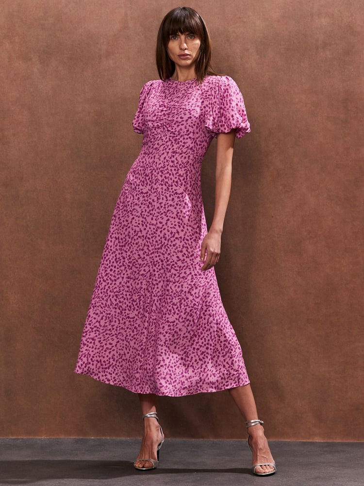 Ro&Zo Pink Print Puff Sleeve Midi Dress - Image 1 of 4