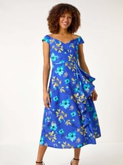 Roman Blue Floral Print Bardot Ruffle Dress - Image 1 of 5