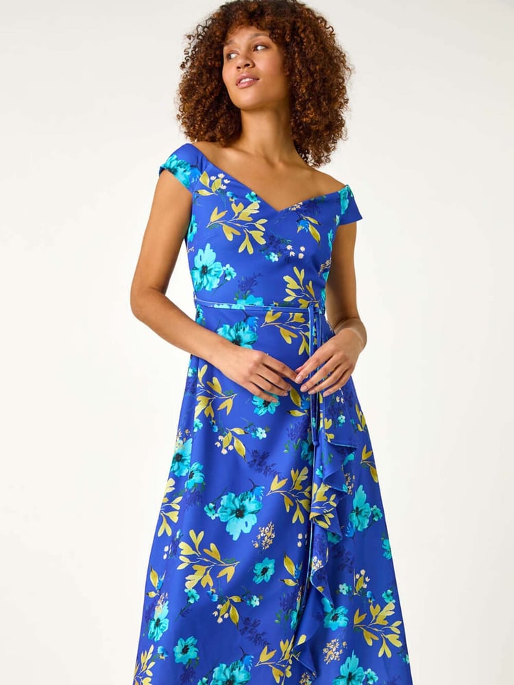 Roman Blue Floral Print Bardot Ruffle Dress - Image 2 of 5