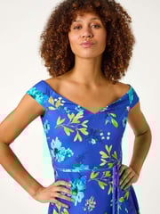 Roman Blue Floral Print Bardot Ruffle Dress - Image 4 of 5
