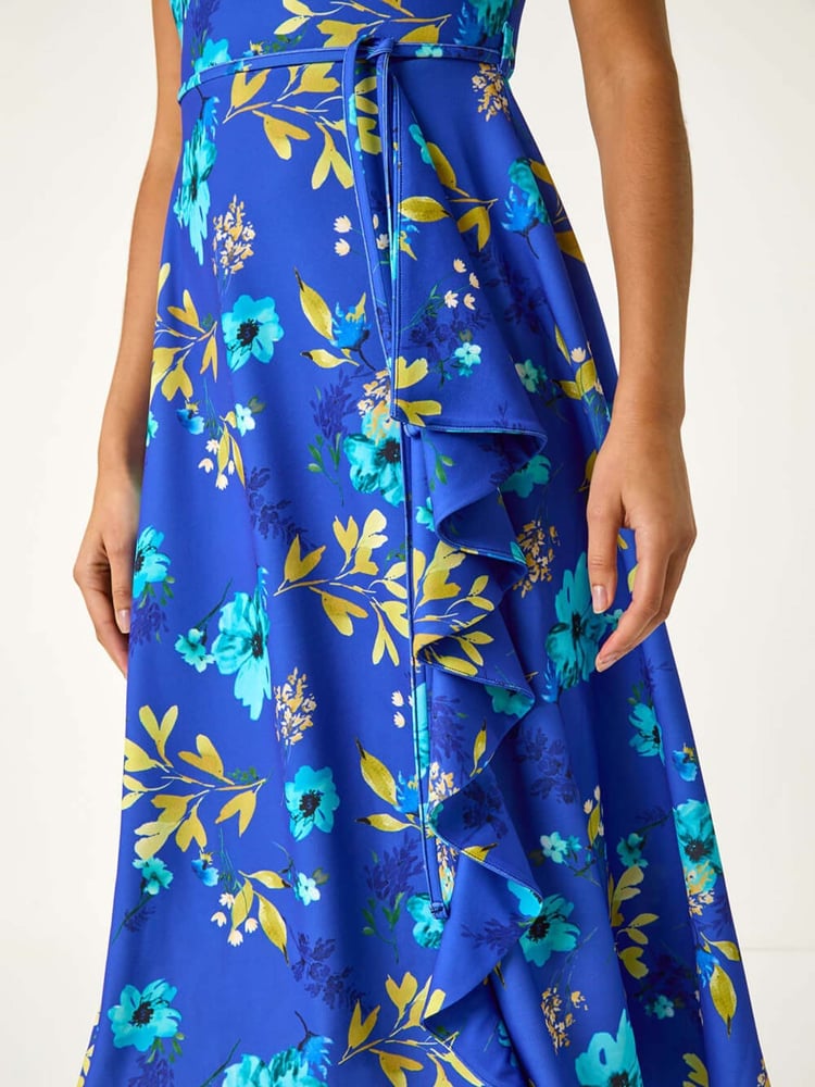 Roman Blue Floral Print Bardot Ruffle Dress - Image 5 of 5