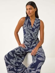 Roman Blue Leaf Puff Print Cross-Over Jumpsuit - Image 1 of 5