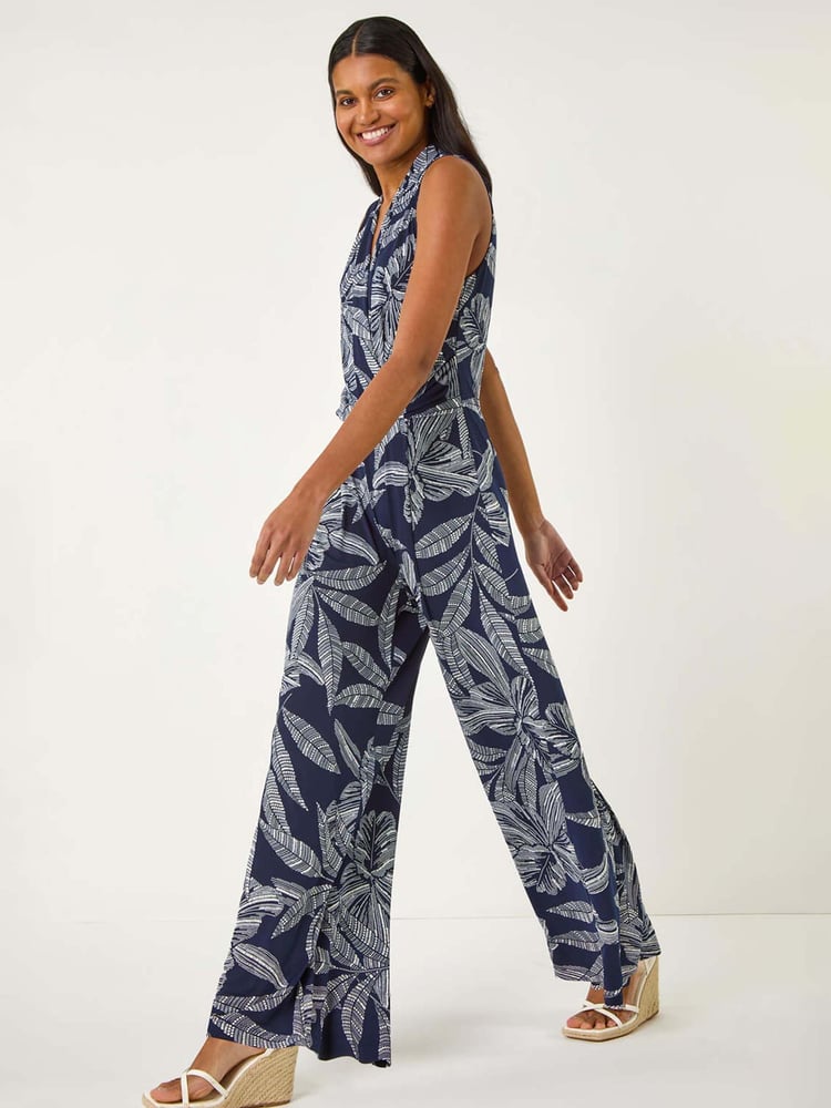 Roman Blue Leaf Puff Print Cross-Over Jumpsuit - Image 2 of 5