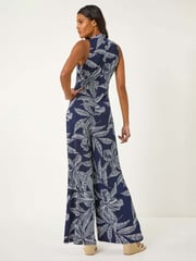 Roman Blue Leaf Puff Print Cross-Over Jumpsuit - Image 3 of 5