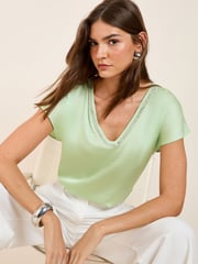 Friends Like These Mint Green Petite V-Neck Diamante Trim Short Sleeve Blouse - Image 1 of 4