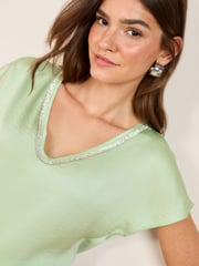 Friends Like These Mint Green Petite V-Neck Diamante Trim Short Sleeve Blouse - Image 2 of 4
