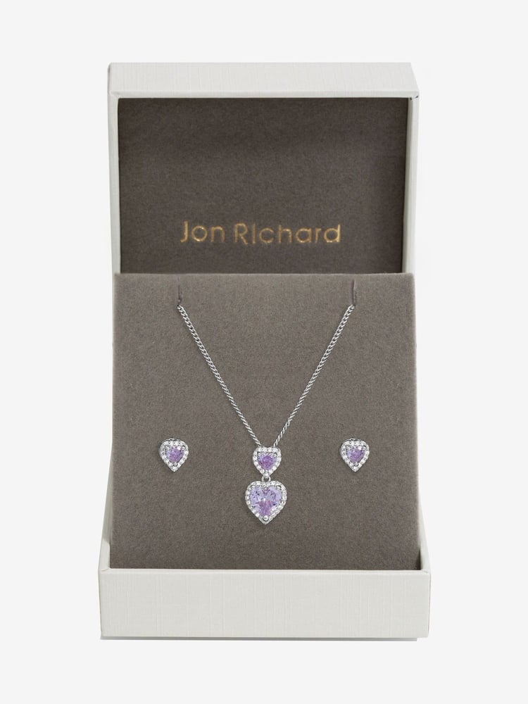 Jon Richard Silver Tone Cubic Zirconia Lavender Halo Double Heart Set - Image 1 of 2