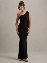 Club L London Black Donata Asymmetric Maxi Dress With Bow Strap - Image 4 of 7