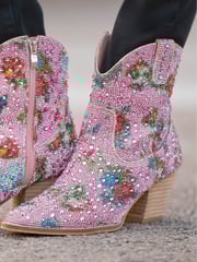 Joe Browns Pink Floral Print Diamanté Western Ankle Boots - Image 2 of 6