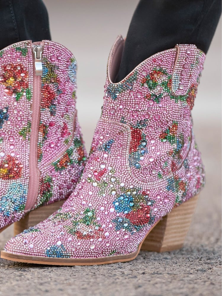 Joe Browns Pink Floral Print Diamanté Western Ankle Boots - Image 2 of 6