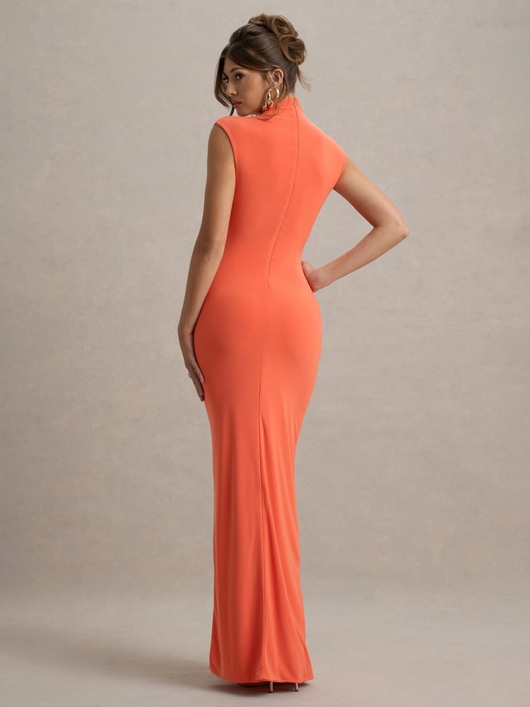 Club L London Pink Lanetta Ruched High-Neck Maxi Dress With Split - Image 2 of 6