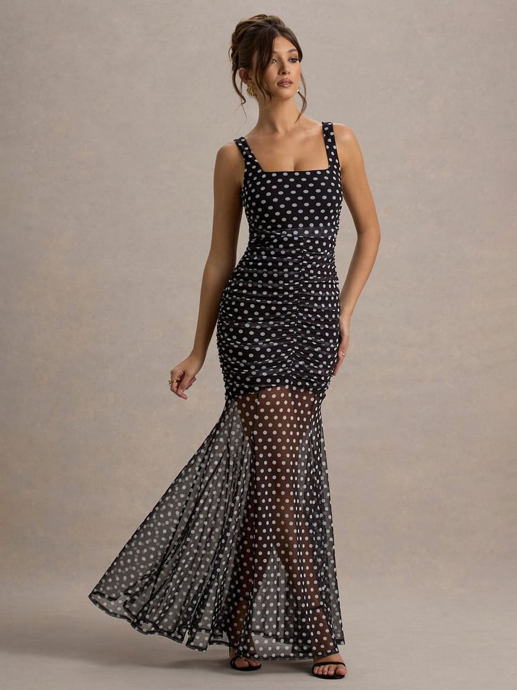 Club L London Black Galaxia Polka Dot Maxi Dress With Mesh Skirt - Image 1 of 7