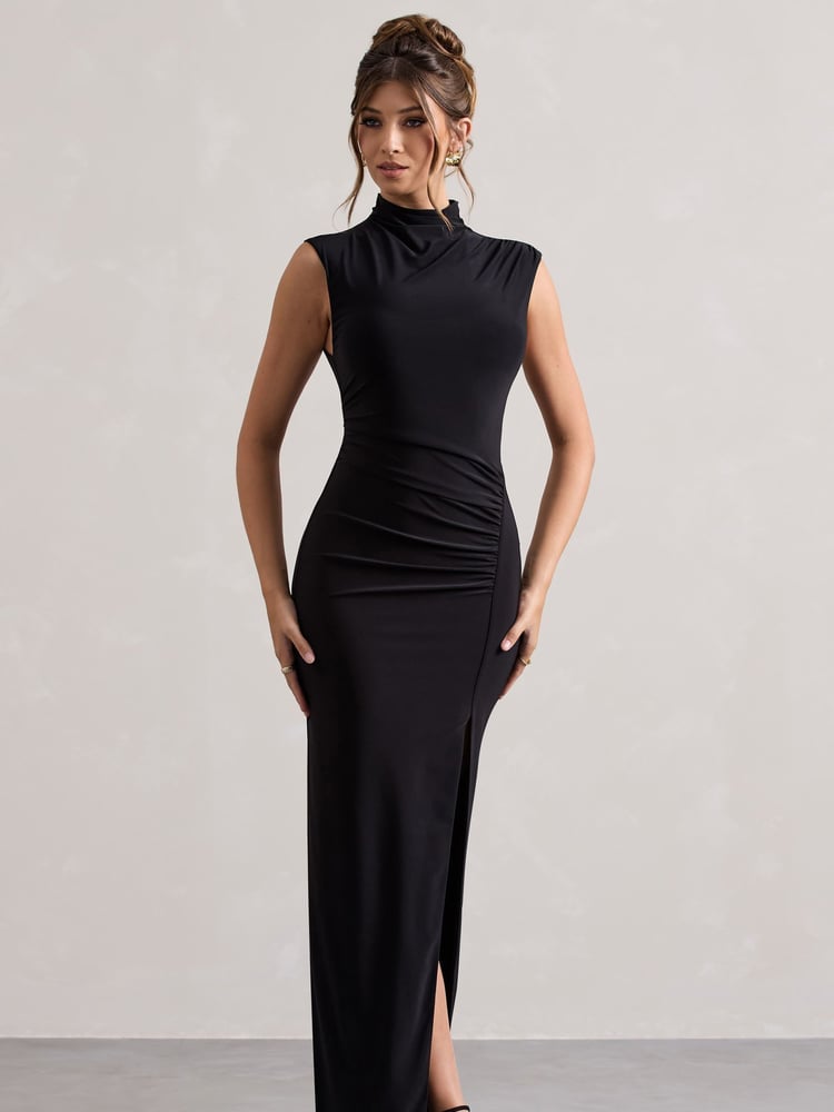 Club L London Black Lanetta Ruched High-Neck Maxi Dress With Split - Image 1 of 5