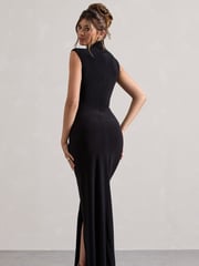 Club L London Black Lanetta Ruched High-Neck Maxi Dress With Split - Image 2 of 5