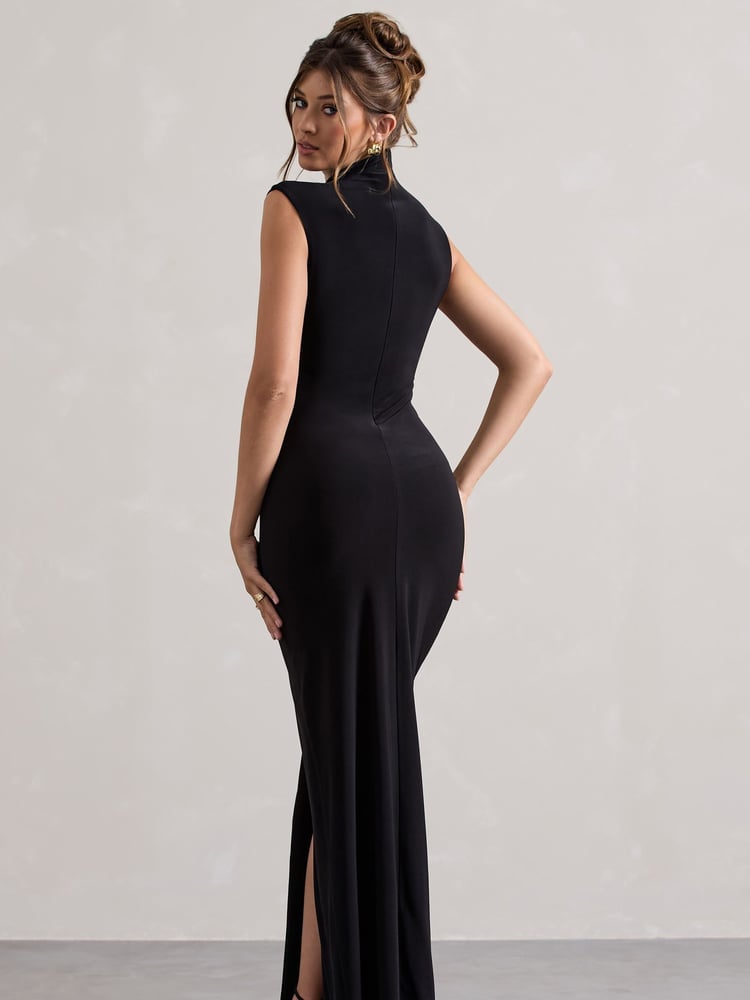 Club L London Black Lanetta Ruched High-Neck Maxi Dress With Split - Image 2 of 5