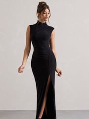Club L London Black Lanetta Ruched High-Neck Maxi Dress With Split - Image 4 of 5