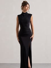Club L London Black Lanetta Ruched High-Neck Maxi Dress With Split - Image 5 of 5