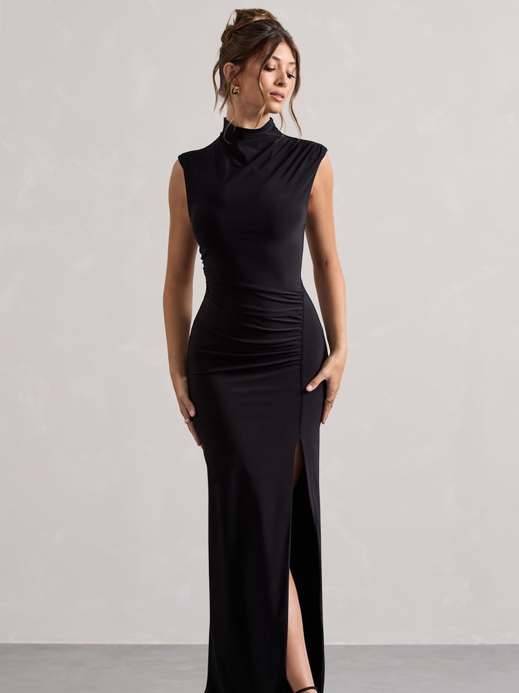 Club L London Black Lanetta Ruched High-Neck Maxi Dress With Split - Image 5 of 5