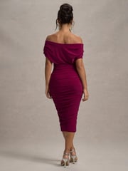 Club L London Red Rayleigh Bardot Ruched Midi Dress - Image 2 of 6