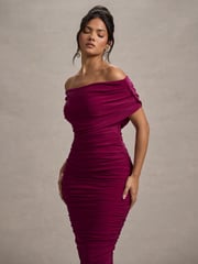 Club L London Red Rayleigh Bardot Ruched Midi Dress - Image 3 of 6