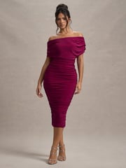 Club L London Red Rayleigh Bardot Ruched Midi Dress - Image 4 of 6