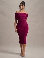 Club L London Red Rayleigh Bardot Ruched Midi Dress - Image 5 of 6