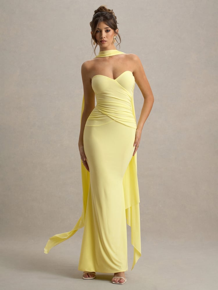 Club L London Yellow Rosabel Sweetheart Maxi Dress With Sash - Image 1 of 7