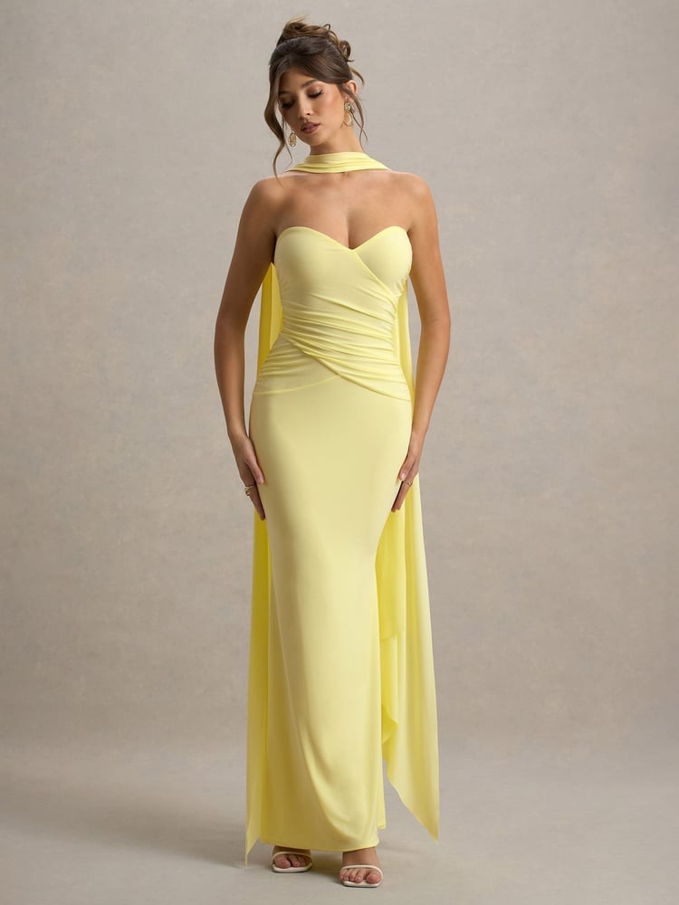 Club L London Yellow Rosabel Sweetheart Maxi Dress With Sash - Image 2 of 7