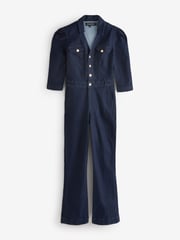 Sosandar Blue Puff Sleeve Kicklare Denim Jumpsuit - Image 1 of 1