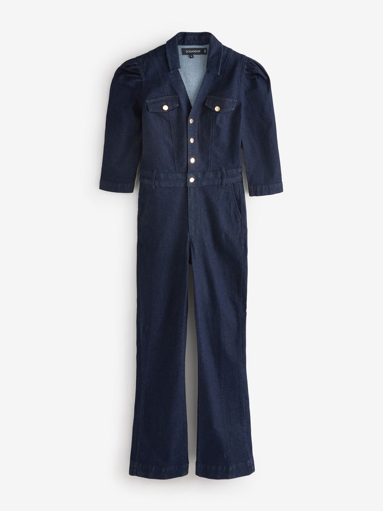 Sosandar Blue Puff Sleeve Kicklare Denim Jumpsuit - Image 1 of 1