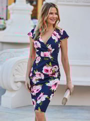Sosandar Blue Floral Print Ruffle Detail Midi Dress - Image 4 of 4