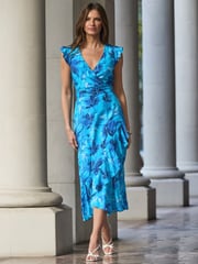 Sosandar Blue Floral Print Ruffle Hem Belted Dress - Image 1 of 5