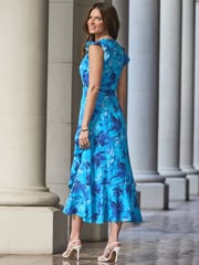 Sosandar Blue Floral Print Ruffle Hem Belted Dress - Image 3 of 5