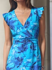 Sosandar Blue Floral Print Ruffle Hem Belted Dress - Image 4 of 5
