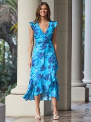 Sosandar Blue Floral Print Ruffle Hem Belted Dress - Image 5 of 5